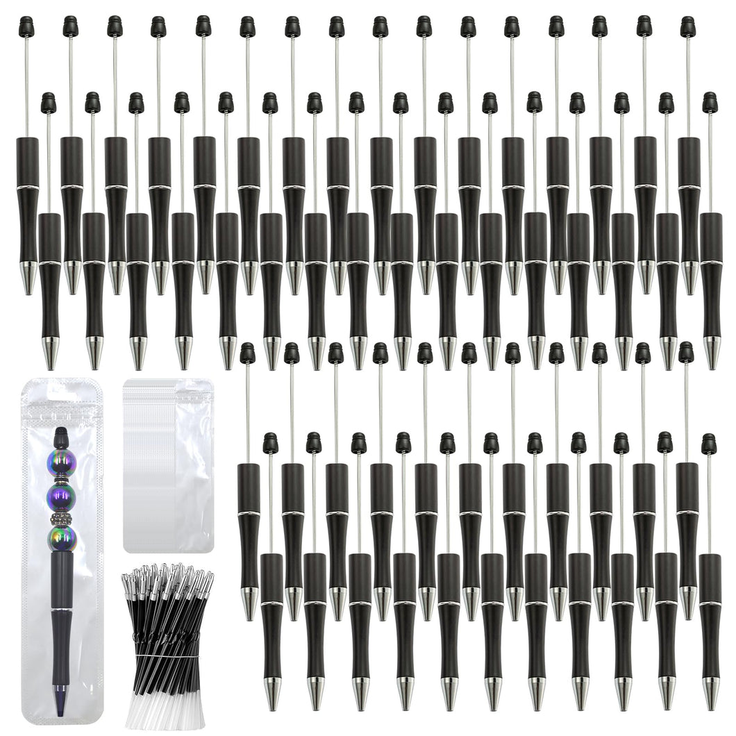 DASTTUIS 150 Pieces DIY Beadable Pen Kit – 50 Plastic Ballpoint Pens with Refills & Bags – School Supplies, Office Accessories & Decorative Items for Students & Teachers （Black）