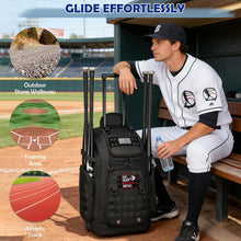 Load image into Gallery viewer, SunForMorning Rolling Baseball Bag with Wheels, Softball Catchers Gear Bags for 4 Bats, Portable Baseball Catcher Bag with Shoe Compartment, Holds All Softball Baseball Equipment, Black
