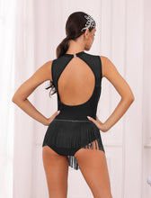 Load image into Gallery viewer, ODASDO Dance Costumes Latin Dress for Women Ballroom Rave Outfit Tassel Fringe Sparkly Rhinestones Mesh Unitard Leotard Backless Bodysuit Acrobat Circus Jazz Samba Salsa Dancewear Black XL
