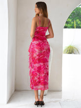 Load image into Gallery viewer, Simplee Women Floral Ruffle Bodycon Maxi Dress 2026 Summer Spaghetti Strap V Neck Mesh Slit Wedding Guest Beach Party Dresses Floral Rose Red L

