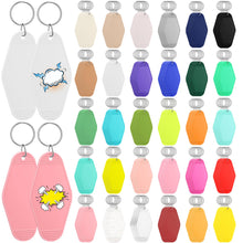 Load image into Gallery viewer, Kigley 150 Pcs Vintage Motel Keychain Blank Hotel Keychain Bulk Retro Sublimation Blank Key Chain Plastic with Ring for DIY Crafting Luggage Tag Label Ornaments Gifts Souvenir Accessories, 30 Colors
