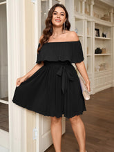 Load image into Gallery viewer, SCOMCHIC Women's Plus Size Cocktail Dress Off The Shoulder Flowy Pleated Wedding Guest Party Short Dress Black
