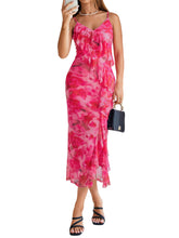 Load image into Gallery viewer, Simplee Women Floral Ruffle Bodycon Maxi Dress 2026 Summer Spaghetti Strap V Neck Mesh Slit Wedding Guest Beach Party Dresses Floral Rose Red L
