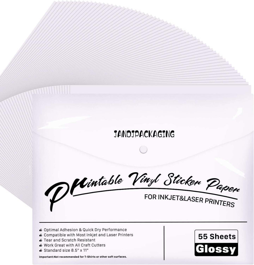 Premium Printable Vinyl Sticker Paper - for Inkjet and Laser Printer - 55 Pack Glossy White Waterproof Inkjet Printable Vinyl - Dries Quickly and Holds Ink Beautifully JANDJPACKAGING