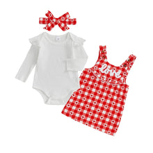 Load image into Gallery viewer, Aiwpstoin Valentines Day Baby Girl Outfit Heart Love Embroidery Ruffled Romper Top Plaid Overall Dress Headband Set (Red, 6-9 Months)
