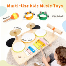 Load image into Gallery viewer, Kids Drum Set, Montessori Musical Instruments for Toddlers 1-6, Wooden Toys Montessori Music Table, Xylophone Drum Kit, Birthday for Boys Girls
