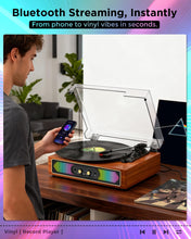 Load image into Gallery viewer, Bluetooth Record Player with RGB Lights, 3-Speed Belt-Drive Turntable with Built-in Stereo Speakers, Bass/Treble Control, Auto Stop, AUX in/Out, RCA Out, Retro Wood Vinyl Player for Home &amp; Gift Use
