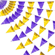 Load image into Gallery viewer, 3P Purple Gold Party Decorations - Metallic Fabric Triangle Pennant Banner Flags - Indoor/Outdoor Bunting Garland for Birthday, Wedding, Graduation &amp; Theme Parties
