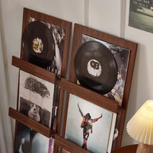 Load image into Gallery viewer, LELELINKY Wall-Leaning Vinyl Record Holder with 3 Tier Display Shelf, 47.5'' Tall Record Storage Magazine Holder, Vinlys Stand Holder Holds Up to 15 Vinyls Albums/CD for Living Room, Walnut

