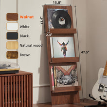 Load image into Gallery viewer, LELELINKY Wall-Leaning Vinyl Record Holder with 3 Tier Display Shelf, 47.5'' Tall Record Storage Magazine Holder, Vinlys Stand Holder Holds Up to 15 Vinyls Albums/CD for Living Room, Walnut
