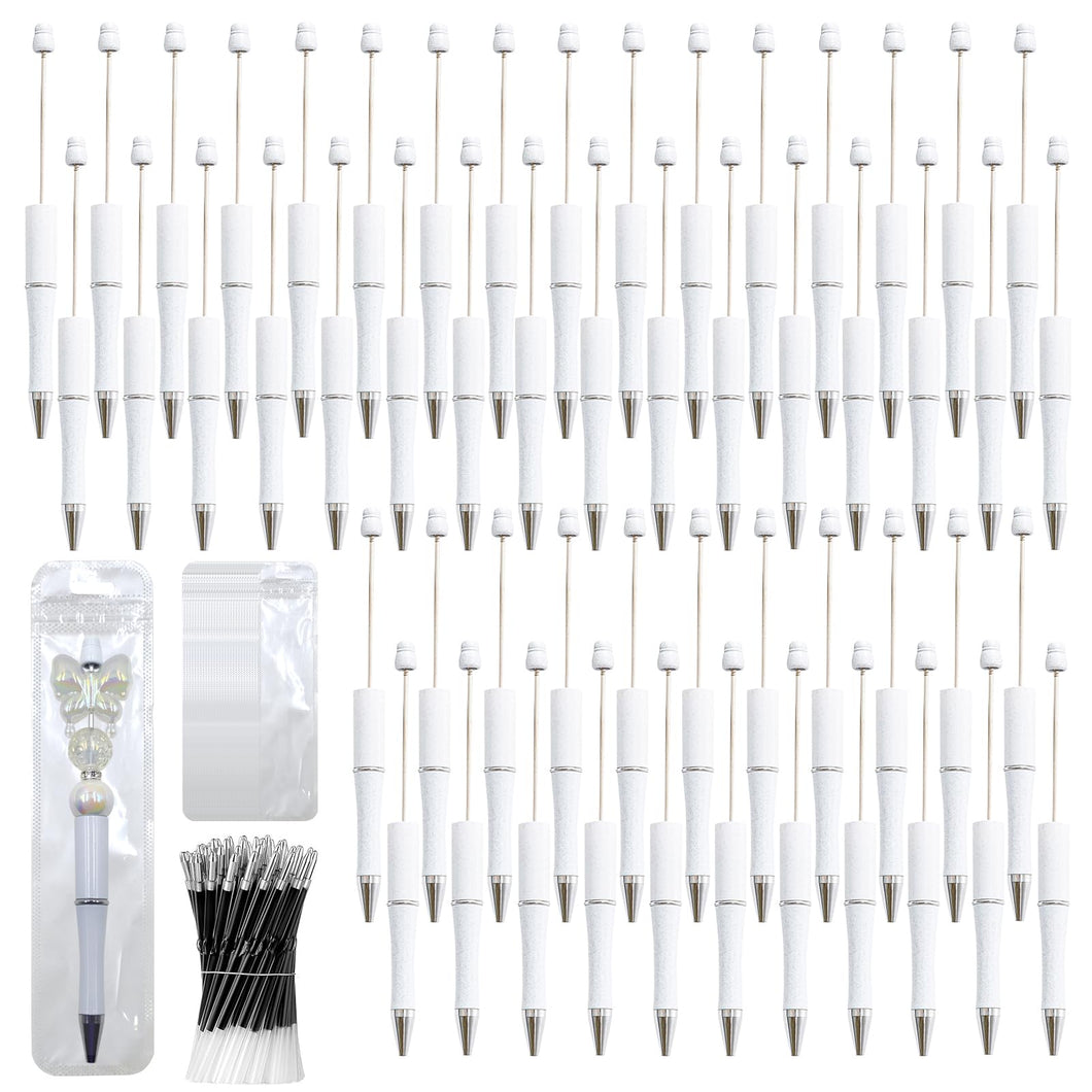 DASTTUIS 150 Pieces DIY Beadable Pen Kit – 50 Plastic Ballpoint Pens with Refills & Bags – School Supplies, Office Accessories & Decorative Items for Students & Teachers （White）