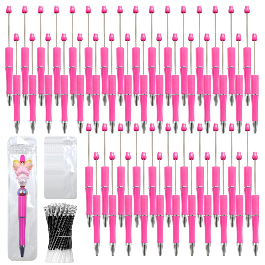 DASTTUIS 150 Pieces DIY Beadable Pen Kit – 50 Plastic Ballpoint Pens with Refills & Bags – School Supplies, Office Accessories & Decorative Items for Students & Teachers (Rose Red)
