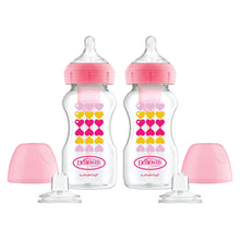Load image into Gallery viewer, Dr. Brown’s Anti-Colic Options+ Wide-Neck Sippy Bottle Starter Kit, 9oz/270mL, with Level 3 Medium-Fast Flow Nipple and Soft 100% Silicone Sippy Spout, Pink, BPA Free, 6m+, 2 Pack
