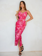 Load image into Gallery viewer, Simplee Women Floral Ruffle Bodycon Maxi Dress 2026 Summer Spaghetti Strap V Neck Mesh Slit Wedding Guest Beach Party Dresses Floral Rose Red L
