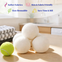 Load image into Gallery viewer, Wool Dryer Balls 6-Pack XL - Natural Reusable Laundry Fabric Softener, Reduces Wrinkles &amp; Drying Time, Hypoallergenic, Leaves Fabrics Naturally Soft and Fluffy
