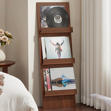Load image into Gallery viewer, LELELINKY Wall-Leaning Vinyl Record Holder with 3 Tier Display Shelf, 47.5'' Tall Record Storage Magazine Holder, Vinlys Stand Holder Holds Up to 15 Vinyls Albums/CD for Living Room, Walnut
