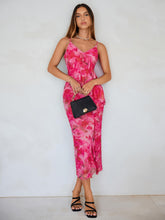 Load image into Gallery viewer, Simplee Women Floral Ruffle Bodycon Maxi Dress 2026 Summer Spaghetti Strap V Neck Mesh Slit Wedding Guest Beach Party Dresses Floral Rose Red L
