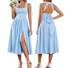 Load image into Gallery viewer, EYNMIN Floral Halter Corset Midi Summer Wedding Guest Dress Bow Tie Smocked Slit Flowy Sundress Milkmaid Dresses for Women Blue

