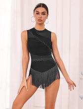Load image into Gallery viewer, ODASDO Dance Costumes Latin Dress for Women Ballroom Rave Outfit Tassel Fringe Sparkly Rhinestones Mesh Unitard Leotard Backless Bodysuit Acrobat Circus Jazz Samba Salsa Dancewear Black XL
