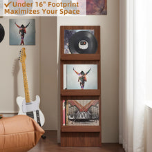 Load image into Gallery viewer, LELELINKY Wall-Leaning Vinyl Record Holder with 3 Tier Display Shelf, 47.5'' Tall Record Storage Magazine Holder, Vinlys Stand Holder Holds Up to 15 Vinyls Albums/CD for Living Room, Walnut
