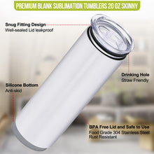 Load image into Gallery viewer, Sublimation Tumblers bulk 20 OZ Skinny Stainless Steel Double Wall Insulated Straight Sublimation Cups 50 Pack Blanks White Tumbler with Lid,Straw,Heat Resistant Tape&amp;Shrink Sleeves,Individually Boxed
