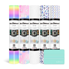 Load image into Gallery viewer, TECKWRAP Candy Rainbow Adhesive Vinyl Bundle Holographic Permanent Vinyl for Crafting Cutter 12&quot; x 36&quot;/Rolls (Glitter White,Transparent Leopard,Transparent Mermaid,Pastel Rainbow,Holo Cloud)
