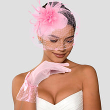 Load image into Gallery viewer, Pink Fascinators Hats Women Mesh Veil Headband and Gloves Set Short Lace Polka Dot Mesh Hair Accessories
