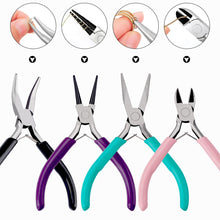 Load image into Gallery viewer, 4 Pack Jewelry Pliers Jewelry Making Pliers Tools Kit with Needle Nose Pliers/Chain Nose Pliers, Round Nose Pliers, Bent Nose Pliers, Wire Cutters for Wire Wrapping Earring Craft Making Supplies
