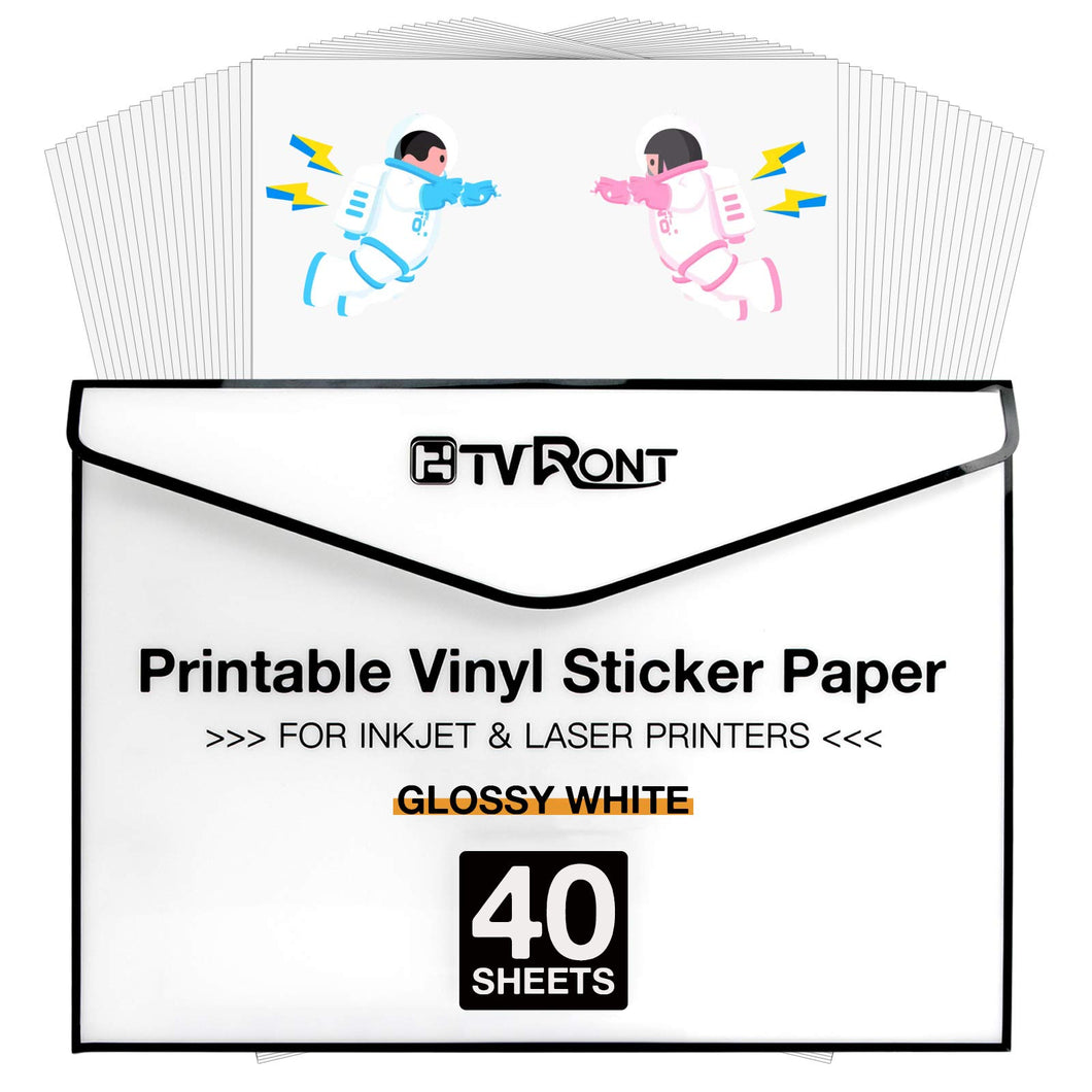 HTVRONT Printable Vinyl for Inkjet Printer & Laser Printer - 40 Pcs Glossy White Inkjet Printable Vinyl Sticker Paper, 8.5