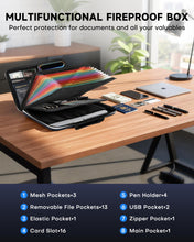 Load image into Gallery viewer, DOZAWA Fireproof Document Box, Hard Case Document Organizer with Lock, 13 Pockets Accordion File Folder with Reflective Strip, Waterproof Safe Box for Important Documents &amp; Valuables Storage, Black
