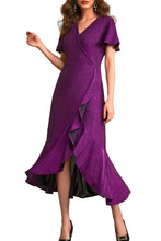 Load image into Gallery viewer, Autumn Flowerwall Women Plus Size Wedding Guest Dress Sparkle Purple XL Lustrous Knit V Neck Flutter Sleeve Cocktail Dress A-Line Formal Party Gowns Curvy Evening Elegant Slit Dress
