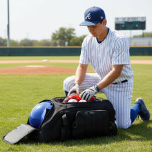Load image into Gallery viewer, SunForMorning Rolling Baseball Bag with Wheels, Softball Catchers Gear Bags for 4 Bats, Portable Baseball Catcher Bag with Shoe Compartment, Holds All Softball Baseball Equipment, Black
