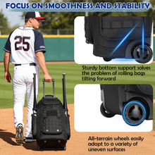 Load image into Gallery viewer, SunForMorning Rolling Baseball Bag with Wheels, Softball Catchers Gear Bags for 4 Bats, Portable Baseball Catcher Bag with Shoe Compartment, Holds All Softball Baseball Equipment, Black
