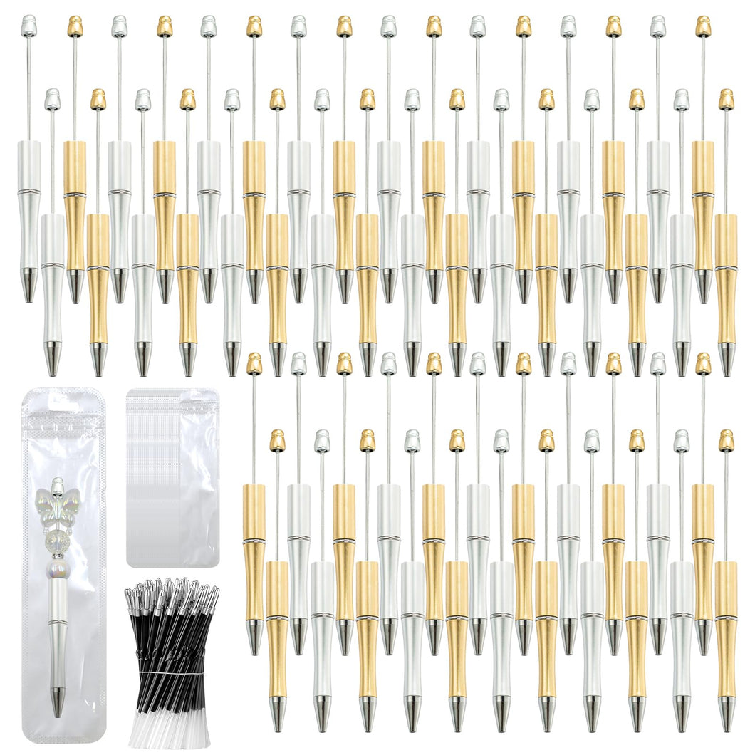 DASTTUIS 150 Pieces DIY Beadable Pen Kit – 500 Plastic Ballpoint Pens with Refills & Bags – School Supplies, Office Accessories & Decorative Items for Students & Teachers (Silver and Gold)