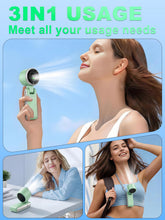 Load image into Gallery viewer, KIMWIND Portable Handheld Turbo Fan, 5 Gear Wind, Battery Operated, Up to 13 Working Hours Rechargeable Fan, 3 IN 1 Hand Fans with Air Turbo Tech Cooling Fan for for Travel, Beach, Outdoor - Green
