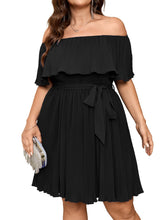 Load image into Gallery viewer, SCOMCHIC Women's Plus Size Cocktail Dress Off The Shoulder Flowy Pleated Wedding Guest Party Short Dress Black

