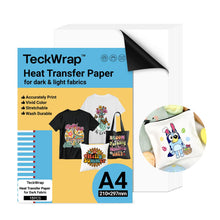 Load image into Gallery viewer, TECKWRAP Printable Heat Transfer Paper for T-Shirts 15 Sheets, 8.3&quot; X 11.7&quot; Printable Heat Transfer Vinyl for Inkjet Printer, Iron on Transfer Paper for Light and Dark Fabric (Matte White)
