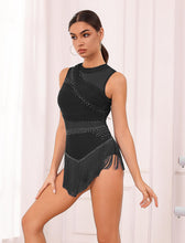 Load image into Gallery viewer, ODASDO Dance Costumes Latin Dress for Women Ballroom Rave Outfit Tassel Fringe Sparkly Rhinestones Mesh Unitard Leotard Backless Bodysuit Acrobat Circus Jazz Samba Salsa Dancewear Black XL
