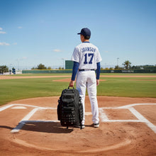 Load image into Gallery viewer, SunForMorning Rolling Baseball Bag with Wheels, Softball Catchers Gear Bags for 4 Bats, Portable Baseball Catcher Bag with Shoe Compartment, Holds All Softball Baseball Equipment, Black
