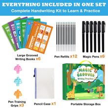 Load image into Gallery viewer, Hoarecal Magic Grooved Writing Practice Book for Kids Ages 3–8, 6 Reusable Handwriting Practice Books with 6 Pens, 12 Refills, 3 Soft Grips, Preschool Learning Activities Gifts for Boys and Girls
