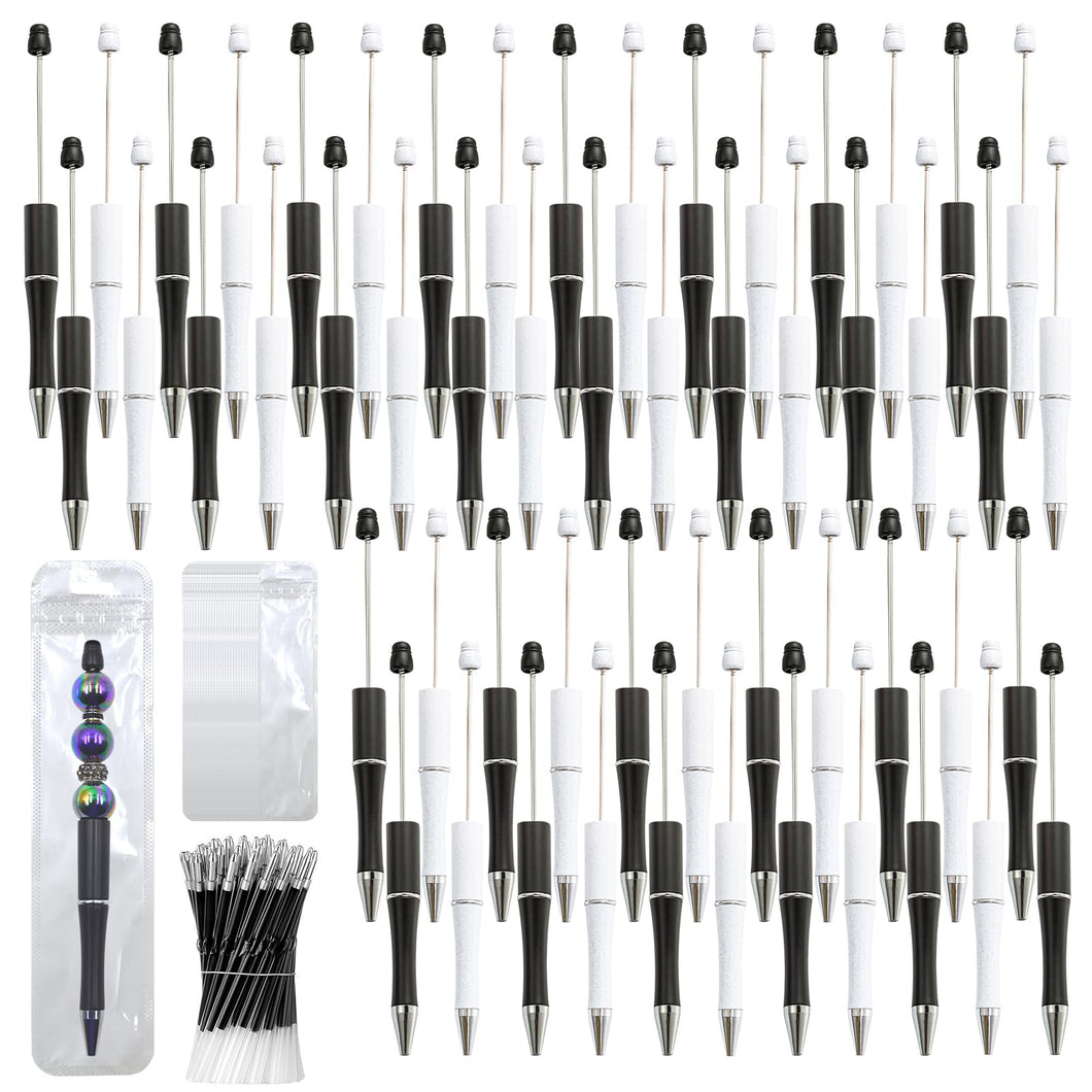 DASTTUIS 150 Pieces DIY Beadable Pen Kit – 50 Plastic Ballpoint Pens with Refills & Bags – School Supplies, Office Accessories & Decorative Items for Students & Teachers (Black and White)