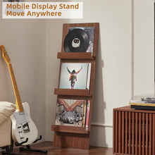 Load image into Gallery viewer, LELELINKY Wall-Leaning Vinyl Record Holder with 3 Tier Display Shelf, 47.5'' Tall Record Storage Magazine Holder, Vinlys Stand Holder Holds Up to 15 Vinyls Albums/CD for Living Room, Walnut
