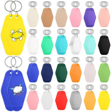 Load image into Gallery viewer, 120 Pcs Blank Hotel Keychains Bulk Vintage Motel Keychains Sublimation Heat Transfer DIY Keychain Tags Vinyl Plastic Luggage Labels for Crafting Ornament Backpack Zipper, 24 colors
