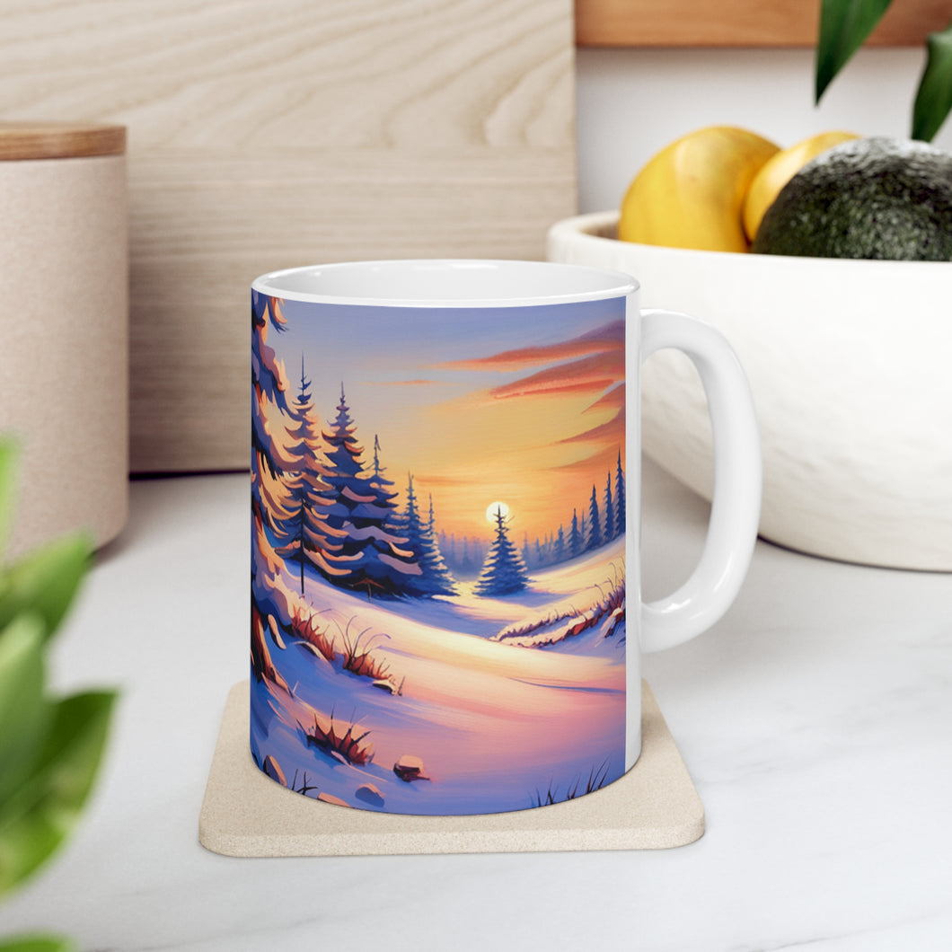 Winter Scene Setting Sun Snow and Trees #6 11 oz Ceramic Mug AI Generated Image