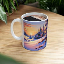 Load image into Gallery viewer, Winter Scene Setting Sun Snow and Trees #6 11 oz Ceramic Mug AI Generated Image
