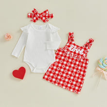 Load image into Gallery viewer, Aiwpstoin Valentines Day Baby Girl Outfit Heart Love Embroidery Ruffled Romper Top Plaid Overall Dress Headband Set (Red, 6-9 Months)
