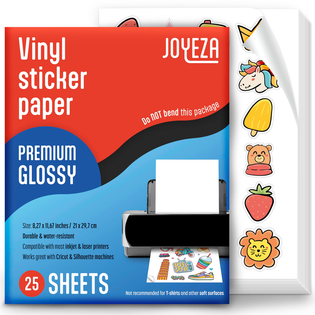 JOYEZA Premium Printable Vinyl Sticker Paper for Inkjet Printer - 25 Sheets Glossy White Waterproof, Dries Quickly Vivid Colors, Holds Ink well - Inkjet & Laser Printer