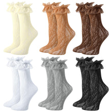 Load image into Gallery viewer, scenicamp 6 Pairs Lace Ruffle Ankle Socks for Women Lolita Frilly Ankle Elastic Cuff Mesh Lace Trim Dress Sock White,Dark Brown,Gray,Beige,Light Brown,Black
