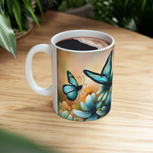 Load image into Gallery viewer, March Aquamarine Birth Month Colors Fairies &amp; Butterflies #2 Mug 11oz mug AI-Generated Artwork
