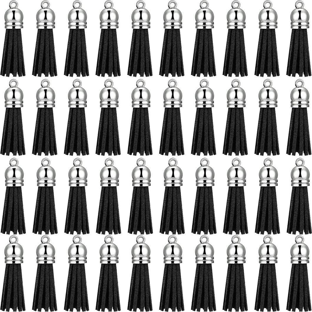 200 Pieces Keychain Tassels Faux Suede Leather Tassel Pendants Keychain Decoration Tassels with Loop for DIY Crafts Making Supplies (Black)